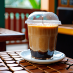 ** Close-up of a new Vietnamese coffee product. Focus on the rich, dark crema and the condensation on the glass. Background subtly blurred with a traditional Vietnamese coffee shop setting (e.g., small wooden tables, patterned tiles). Style: Product photography with a warm, inviting color palette. Keywords: Coffee, Vietnam, tradition, cafe, product shot.

**